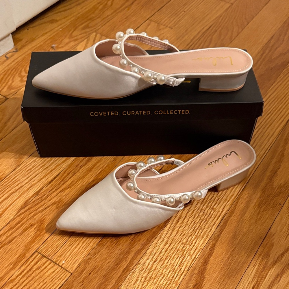 Lulu's Elegant White Pearl Mules